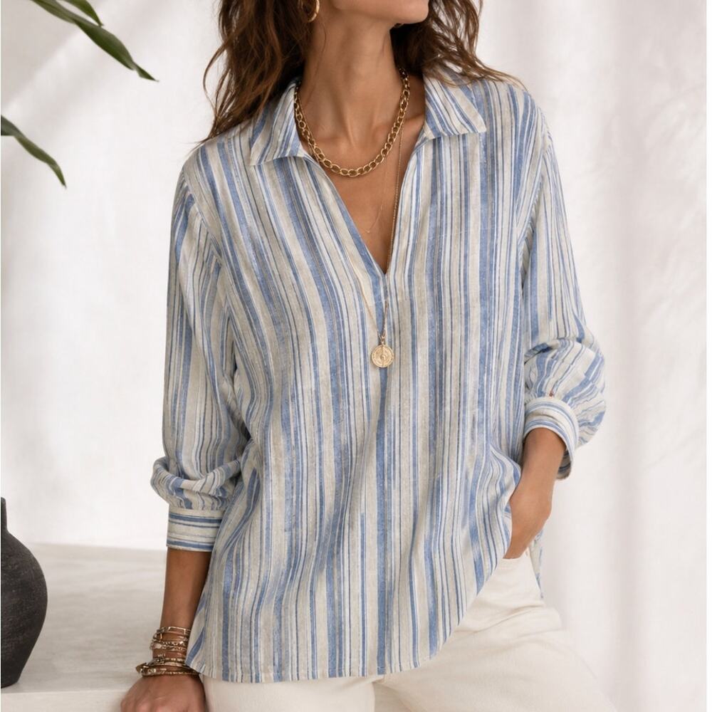Cabi 5894 Linen Rayon Striped Pullover Blouse Blue White Tunic Top Size M
